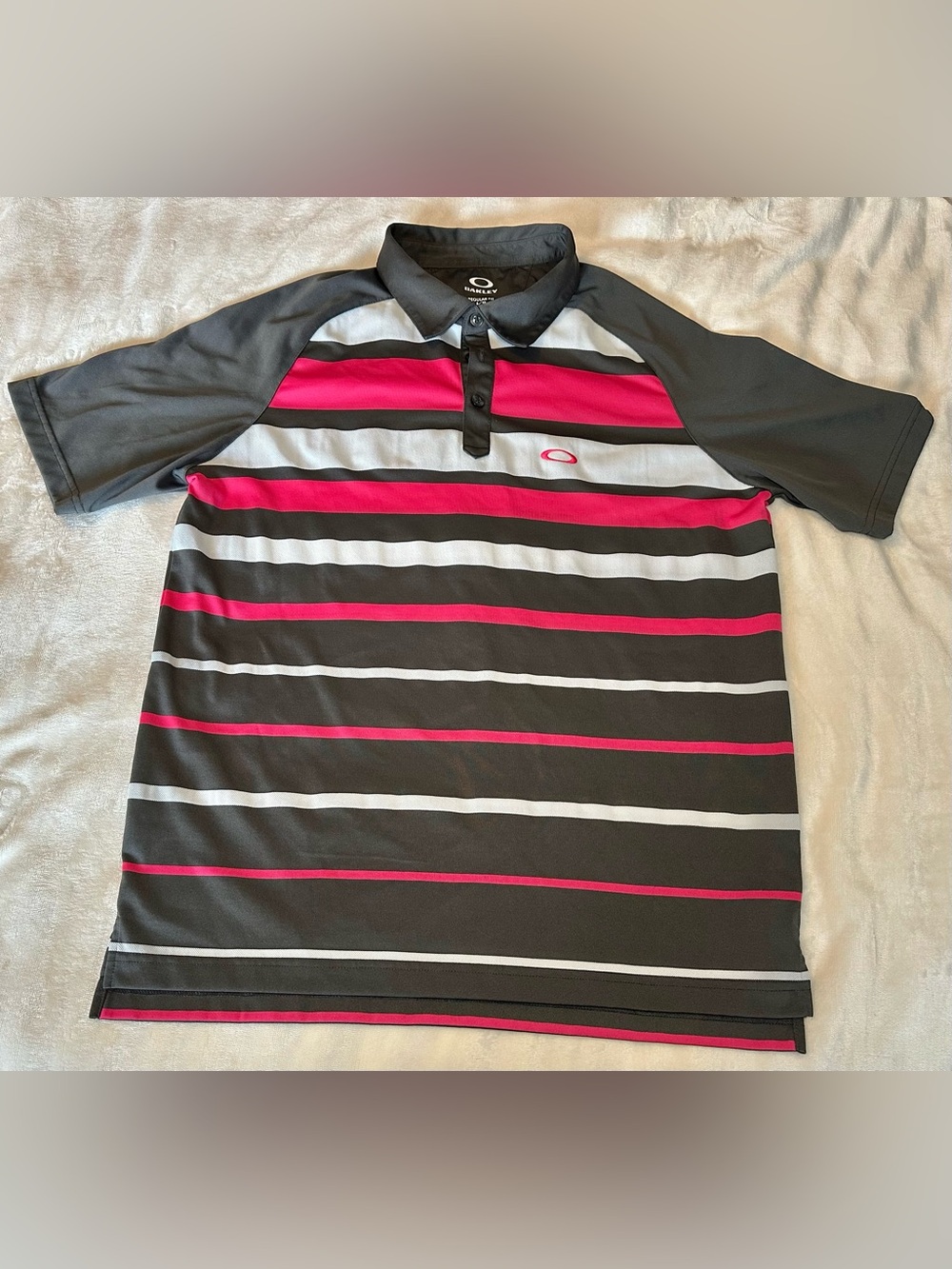 Oakley Legacy Men's Golf Polo Shirt Size Large, Grey Pink White Striped Logo